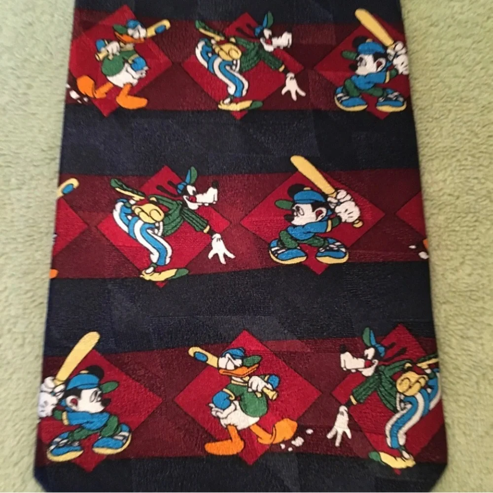 Disney necktie baseball sports silk Mickey Mouse Donald Duck Goofy navy blue